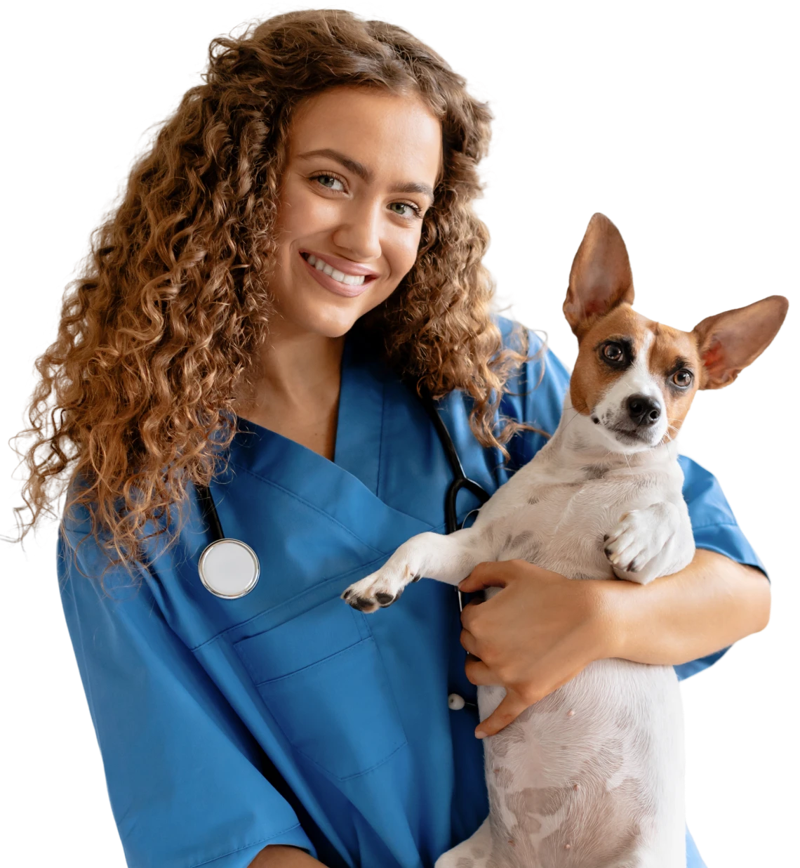 Veterinarian smiling, holding a small dog.